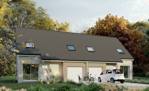 Image montrant comment réussir son premier achat immobilier neuf avec une maison de plain-pied, un garage et une voiture entourés d'arbres